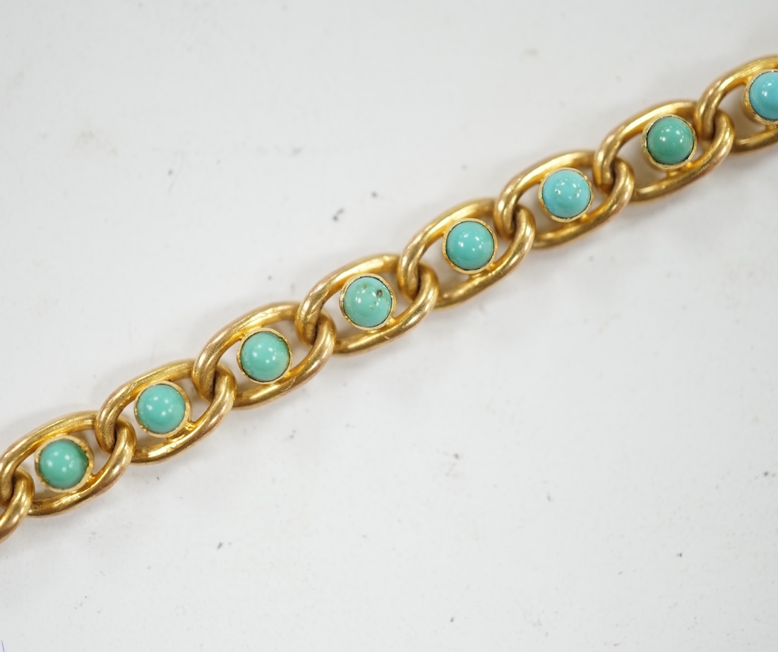 An Edwardian 15ct and turquoise set small curb and oval link bracelet, 17.5cm, stone missing, gross weight 8.1 grams. Condition - poor